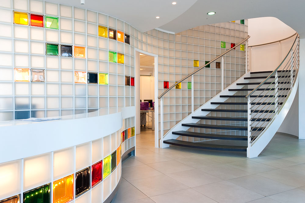 Color Glass Block Wall Office and stairs