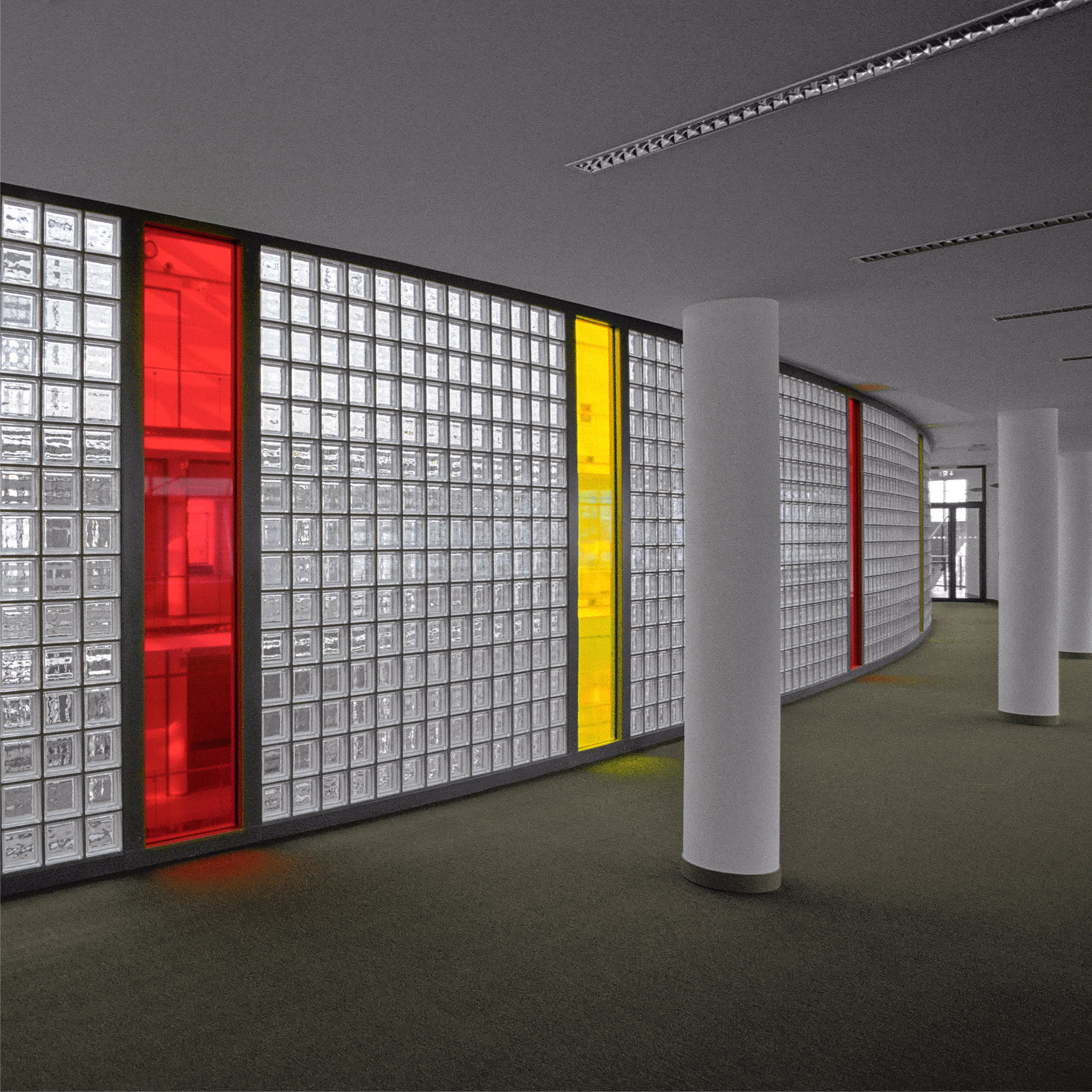 Glass Blocks With Red and Yellow Windows